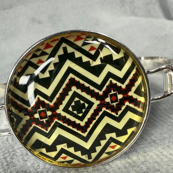 Geometric Aztec Pattern Glass Dome Silver-Tone Bracelet Women Fashion Jewelry - Picture 16 of 16